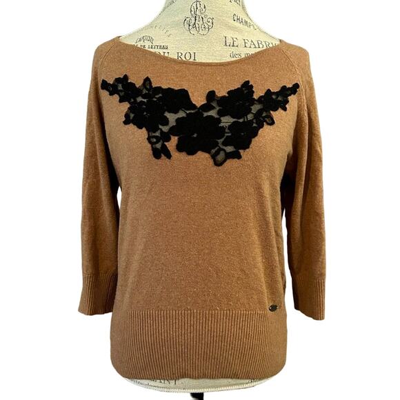 Adolfo Dominguez neutral tan black lace sheer sweater top boat neck sz L - Picture 1 of 9